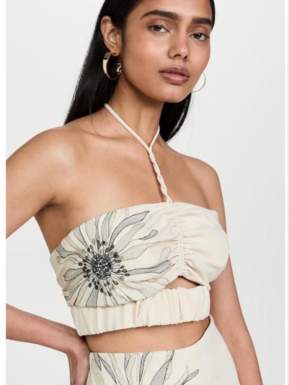 Silvia Tcherassi Arona Halter Top Beige Black Embroidered Flower